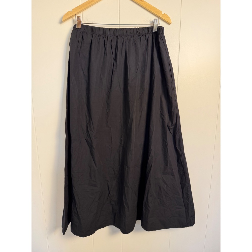 Quince Maxi Skirt Size L Black Organic Cotton Poplin A-line Elastic Waist Pocket